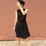 夏季新款HM特价女装 V领无袖显瘦收腰通勤HM连衣裙背心裙 黑色