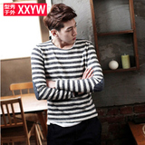 韩国代购时尚起义AMH男装修身纯棉圆领青年条纹长袖T恤男士海魂衫