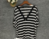 韩国代购黑白条纹T恤女夏季宽松蝙蝠袖显瘦蝴蝶结冰丝针织衫中袖