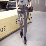 一件代发春季韩版紧身烟灰色牛仔裤女破洞小脚裤显瘦铅笔裤B5270