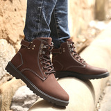 韩版潮流冬季新款深棕色男士马丁靴男短筒保暖靴子系带平跟男靴