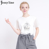 jessy line2016夏装新款 杰茜莱网纱拼接卡通图案短袖T恤 女上衣