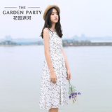 花园派对2015夏新款韩版女装圆领无袖小清新文艺碎花中长款连衣裙