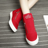 少女红色高腰帆布鞋无带拉链个性休闲鞋学生高帮韩版潮内增高板鞋