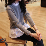 2016新款春秋女装韩版假两件套头薄毛衣潮学院风中长款衬衫针织衫