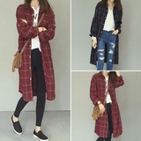 2016秋季新品宽松显瘦格子单排扣衬衫女韩版BF中长款衬衣上衣外套