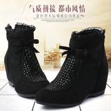 老北京布鞋女鞋春秋单靴高跟内增高百搭女靴蕾丝靴子镂空坡跟短靴