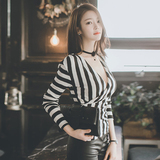 衬衣女2016春装韩范显瘦打底衫性感修身上衣气质长袖V领条纹衬衫