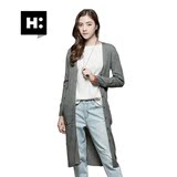 H:CONNECT韩版时尚女装中长款修身百搭条纹针织开衫2016新款春季