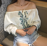 复古韩国chic风精美刺绣花朵绑带一字领九分袖女衬衫上衣娃娃衫