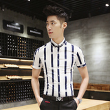 夏季短袖衬衫男韩版修身型时尚领条纹衬衣发型师潮夜店半袖青年