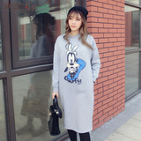 意凡2016新款韩版女修身加绒中长款卫衣卡通唐老鸭长袖T恤