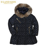 Eland kids衣恋童装韩国冬款兔毛领中长款儿童英伦女童羽绒服外套