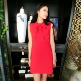夏季小红裙气质小礼服红色裙子修身高腰显瘦短裙蝴蝶结无袖连衣裙