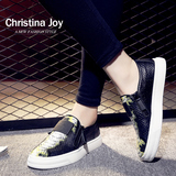 christina joy2016欧美新款真皮拼色蛇纹侧拉链平底乐福休闲女鞋