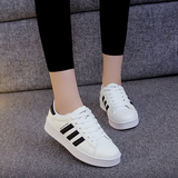 韩版夏季小白鞋女学生休闲皮面系带板鞋平底轻便白色三道杠情侣鞋