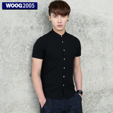 WOOG2005男士修身短袖衬衫 2016夏季青年韩版黑色薄款 牛津纺衬衣