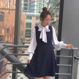 韩国ulzzang2016秋新款zhuan时尚修身灯笼袖A字裙假两件连衣裙女