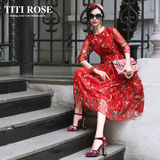 TITI ROSE品牌女装2016春夏大摆真丝连衣裙印花喇叭中袖修身裙子