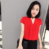雪纺衫女2016夏季韩版大红色V领宽松短袖套头纯色大码打底衫上衣