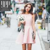 YEP2016夏季名媛气质高腰显瘦公主裙无袖A字裙甜美粉色连衣裙 女