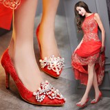 2016新款尖头新娘鞋细跟红色绸缎秀禾鞋中式结婚鞋水晶高跟单鞋女