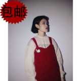 港味原宿风日系少女个性复古圆环设计红色天鹅绒春款背带连衣裙