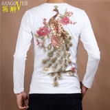 2016春季丝光棉T恤男装 中国风刺绣孔雀图案男士修身长袖圆领T恤
