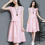阿依莲棉麻连衣裙女2016夏季新款韩版修身中长款短袖两件套装裙子