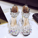 夏季新款韩版公主水晶凉鞋女方头方根欧美大牌性感女鞋镶钻中跟鞋