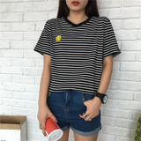 2016韩版女装夏季学院风宽松大码黑白条纹刺绣笑脸短袖T恤女潮