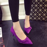 夏职业韩版舒适女单鞋紫色磨砂绒尖头女式高跟鞋细跟5cm蝴蝶结