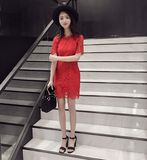 香港欧时力代购公司2016新款女装韩版修身显瘦短裙镂空蕾丝连衣裙