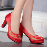 中式婚鞋冬秀禾鞋礼服鞋民族风高跟粗跟旗袍鞋结婚绣花红色新娘鞋