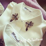 春季女装钉珠韩版复古长袖衬衣女 水钻领子带钻打底白色雪纺衬衫