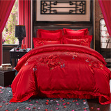 紫罗兰家纺婚庆四件套大红色刺绣结婚六件套贡缎提花纯棉新婚床品