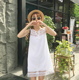 5763806夏季韩版少女学院风镂空蕾丝显瘦系带小清新无袖连衣裙
