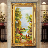 豪富华欧式玄关手绘风景油画美式挂画走廊过道竖版聚宝盆山水壁画
