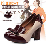 KISSCAT2015秋季新款女鞋真皮高跟鞋拼色粗跟蝴蝶结OL粗跟单鞋女