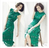 2016夏季新款米兰时装周古力娜扎明星同款连衣裙绿色蕾丝修身长裙