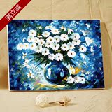 自油自画数字油画diy手绘包邮 客厅大幅花卉手工 蓝色花瓶与雏菊