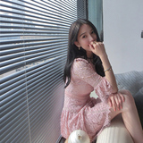 韩国代购2016夏装新款女装粉色裙子夏季镂空修身蕾丝连衣裙中长款