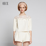 OECE 2015春装新款女装 透视拼接钉珠圆领五分袖上衣春女