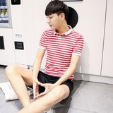 夏季韩版修身半袖青年T恤男装POLO衫男 撞色翻领条纹短袖POLO衫潮