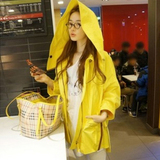 2015秋季新款韩版宽松大码中长款带帽女风衣工装亮黄色情侣外套潮