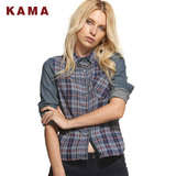 KAMA 卡玛装潮女装 牛仔拼接格子衬衫女长袖修身衬衣 7314864