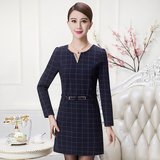 2015秋冬季女装韩版修身格子长袖连衣裙中长款大码中年打底衫女裙