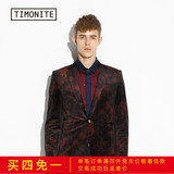 Timonite 2015新品巴洛克男士印花小西装 酒红色修身西服外套潮