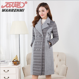 2015冬季韩版女装中长款毛呢拼接轻薄羽绒服纯色西装领保暖外套