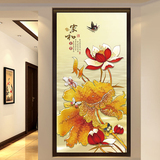 现代中式 玄关壁纸壁画 走廊过道墙纸装饰画 竖版3D时尚金色荷花
